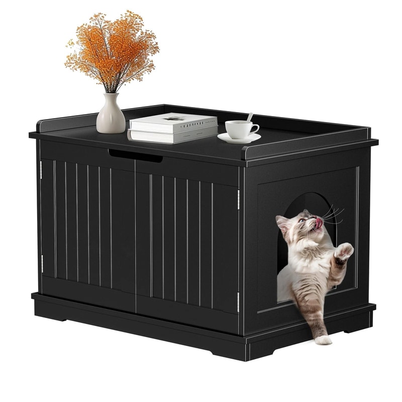 Durable Wooden Cat Litter Box Enclosure Black Pet Washroom For Living Room Stylish Cat House With E 0