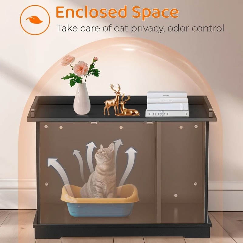 Durable Wooden Cat Litter Box Enclosure Black Pet Washroom For Living Room Stylish Cat House With E 4