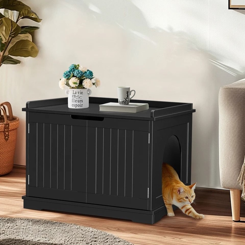 Durable Wooden Cat Litter Box Enclosure Black Pet Washroom For Living Room Stylish Cat House With E 7