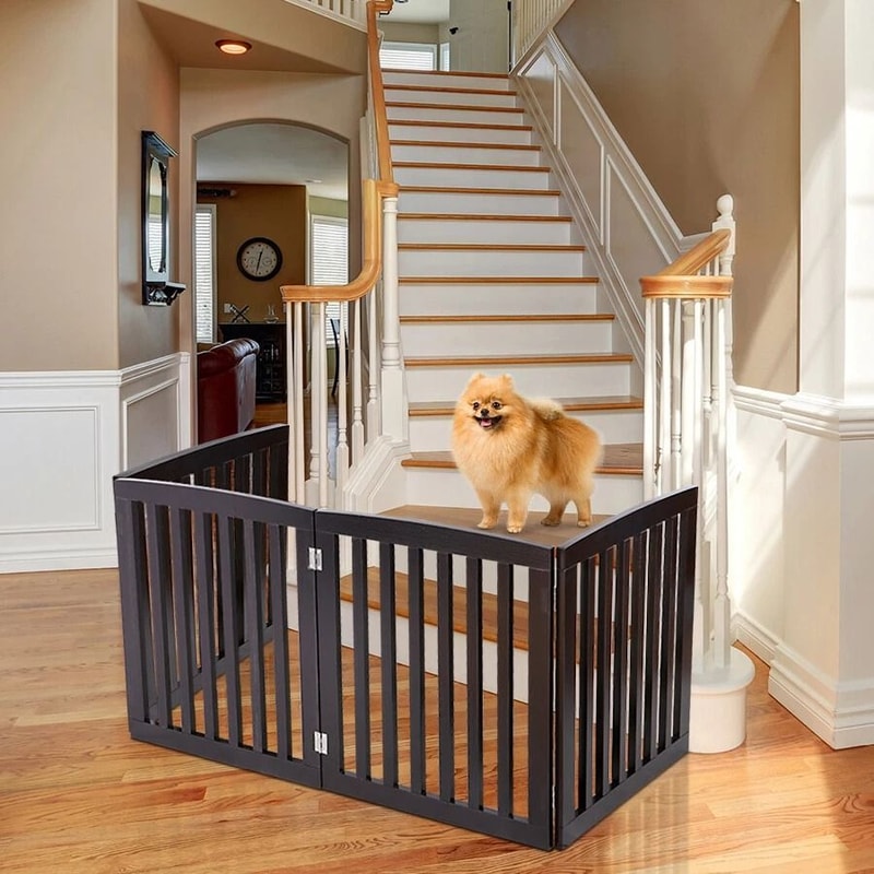 Freestanding Dog Gate Pet Safety Barrier MDF Coffee Colour Panels Folding ZShape Gate For Doorways 9