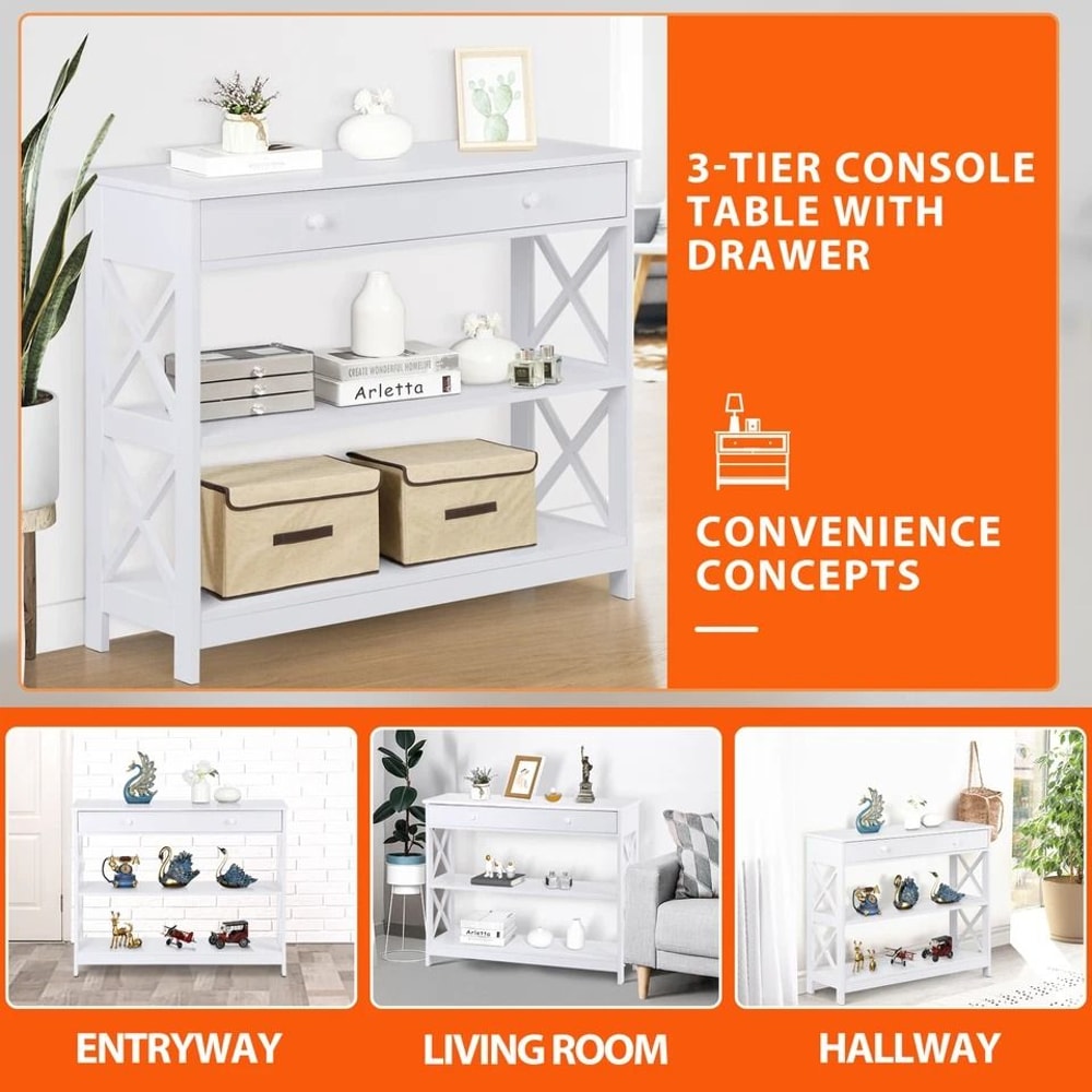 White Hallway Sofa Table Tier Console Table With Storage Shelf For Living Room MDF Home Decor Table 2