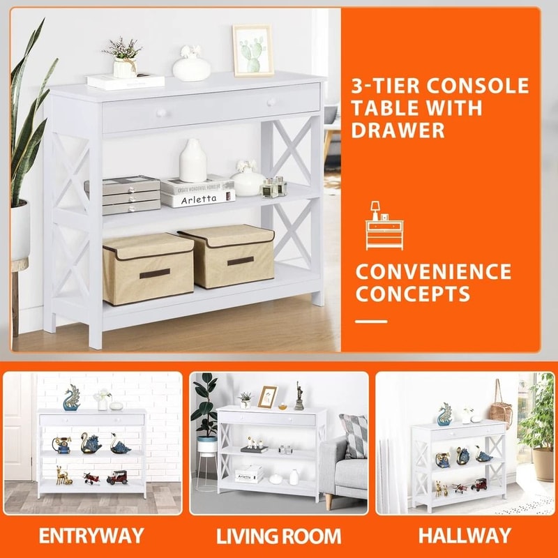 White Hallway Sofa Table Tier Console Table With Storage Shelf For Living Room MDF Home Decor Table 2