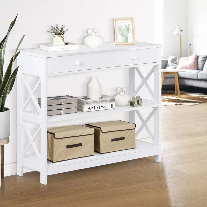 White Hallway Sofa Table Tier Console Table With Storage Shelf For Living Room MDF Home Decor Table 7