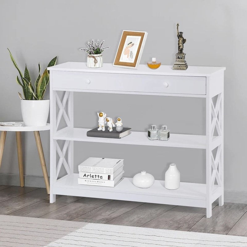 White Hallway Sofa Table Tier Console Table With Storage Shelf For Living Room MDF Home Decor Table 9