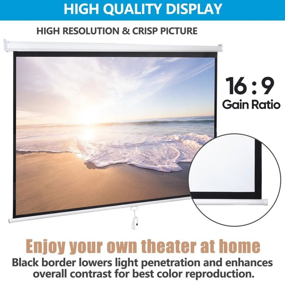 HD Projector ScreenDiagonal Pull Down Home Theater Projection Matte White Viewing Angle 2