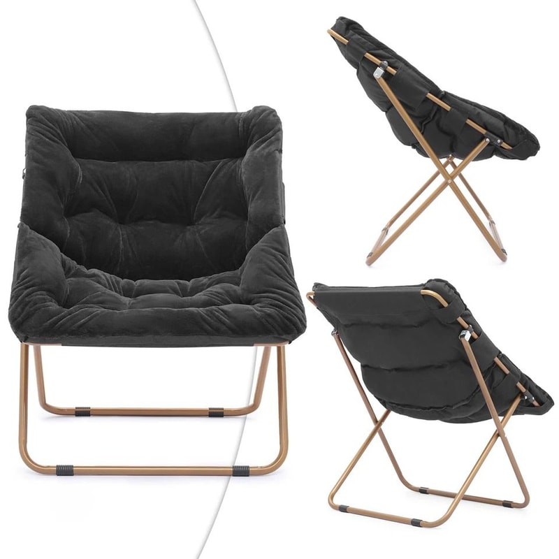Black Folding Saucer Chair Soft Faux Fur Lounge Chair Cozy Accent Chair For Bedroom Comfortable Com 6