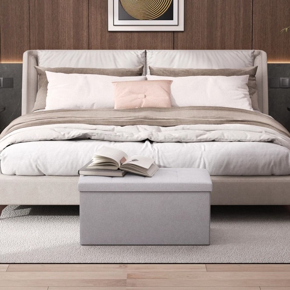 Foldable Storage Ottoman Light Gray Foot Stool Bench With Chest Flipping Lid For Extra Seating 3