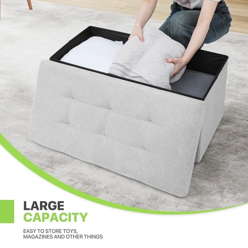 Foldable Storage Ottoman Light Gray Foot Stool Bench With Chest Flipping Lid For Extra Seating 4