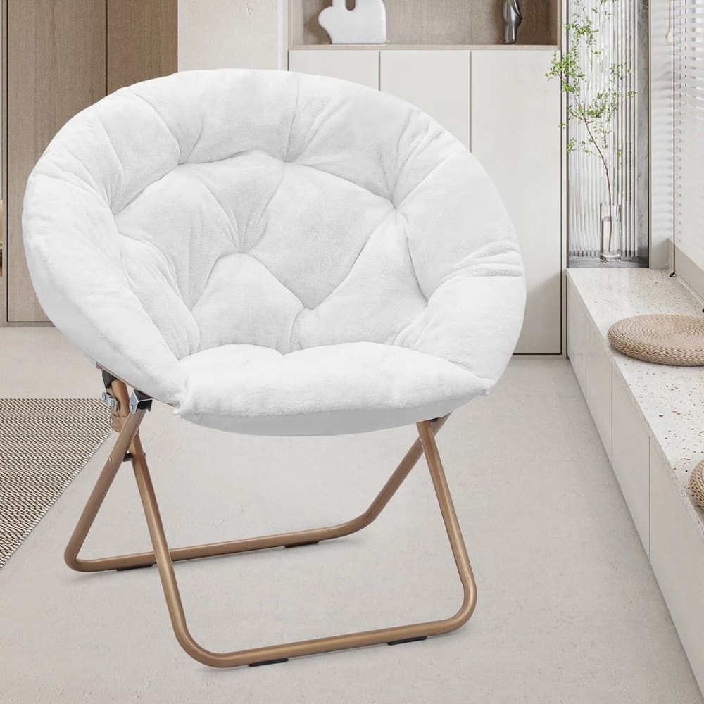 Oversized Round Cozy Moon Lounge Chair Metal Frame Foldable Saucer Chair White 2
