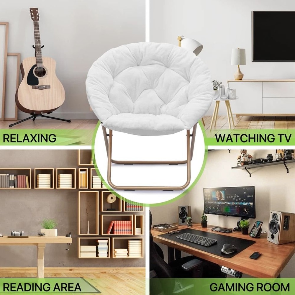 Oversized Round Cozy Moon Lounge Chair Metal Frame Foldable Saucer Chair White 6
