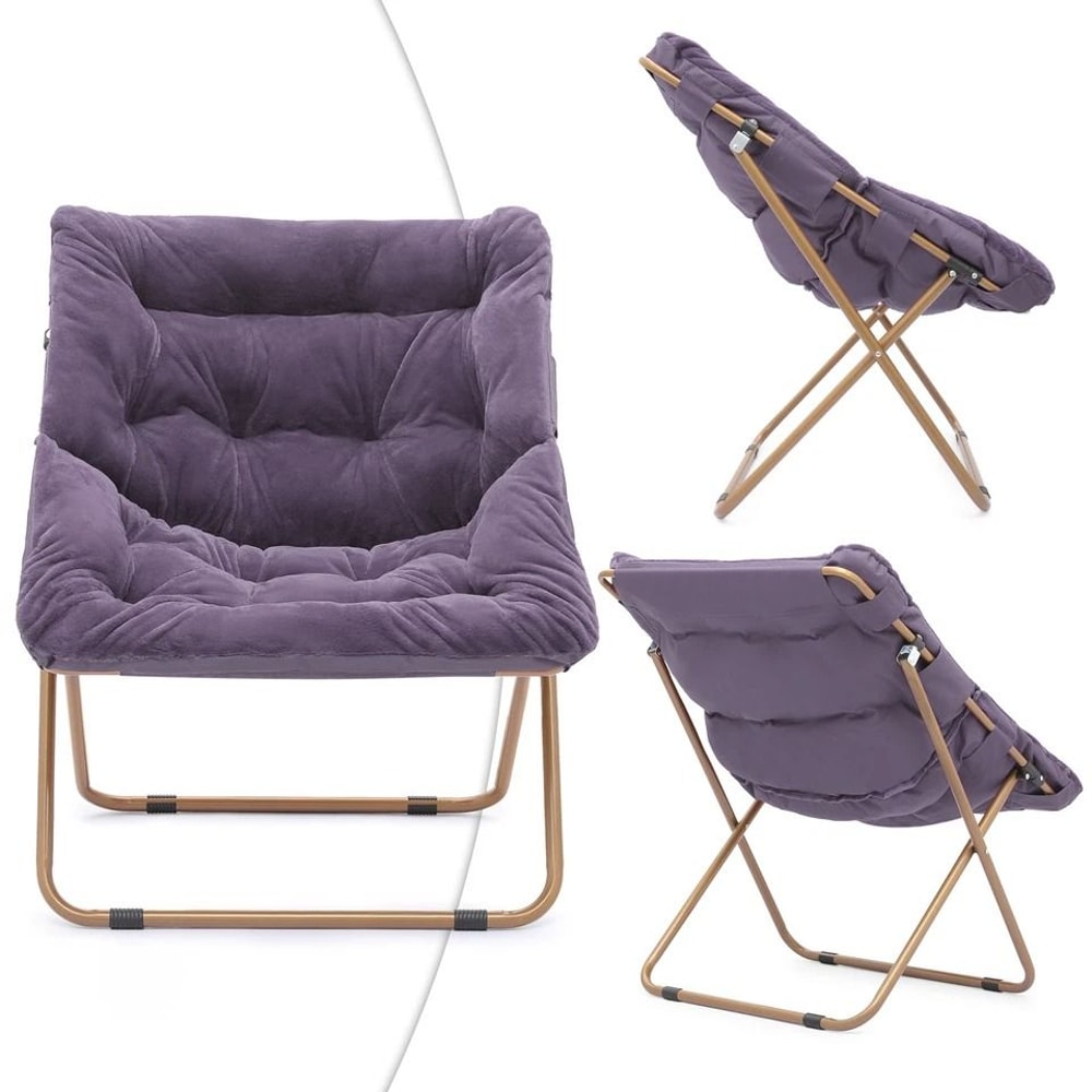 Folding Saucer Chair Purple Faux Fur Bedroom Chair Padded Seat Metal Frame Cozy Moon Chair For Kids 5