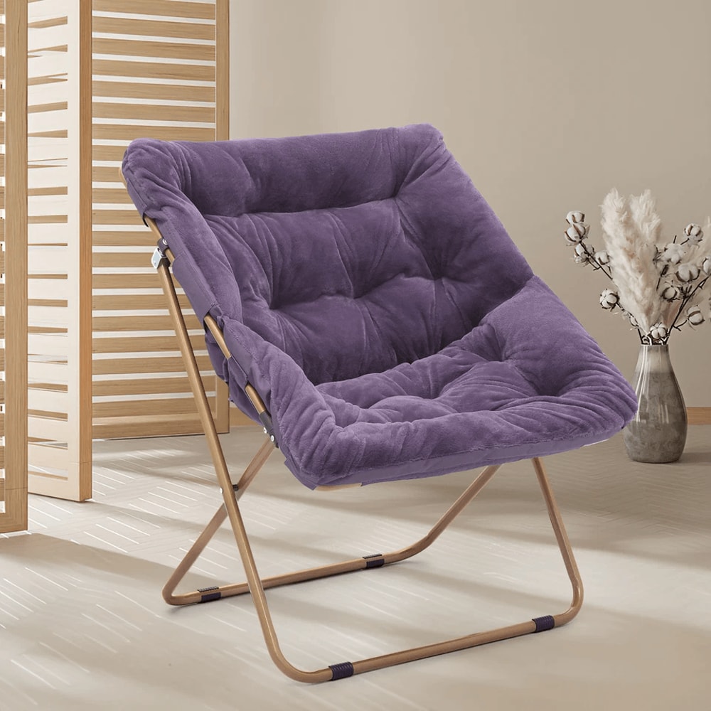 Folding Saucer Chair Purple Faux Fur Bedroom Chair Padded Seat Metal Frame Cozy Moon Chair For Kids 6
