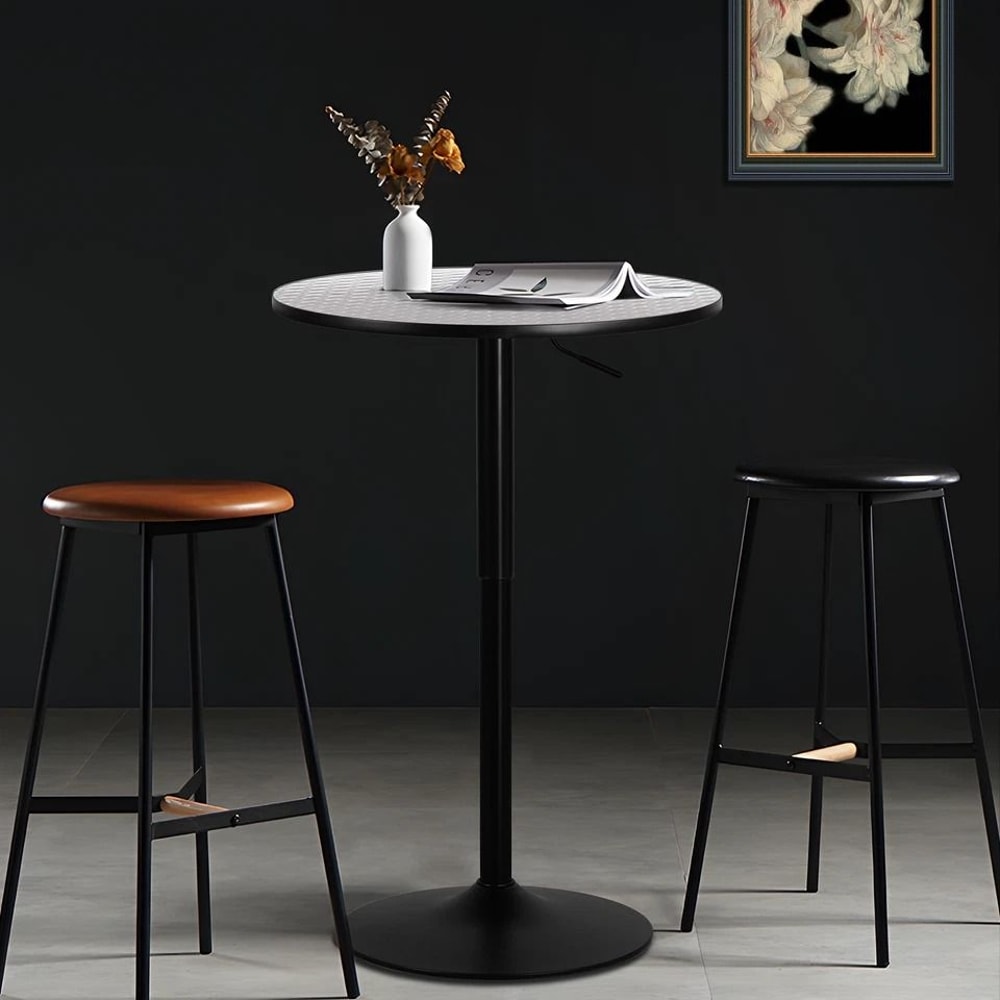 Adjustable Height Silver Pub Bar Cocktail Table, Swivel Wood Round Tabletop, Sleek Metal Base for Home and Venue