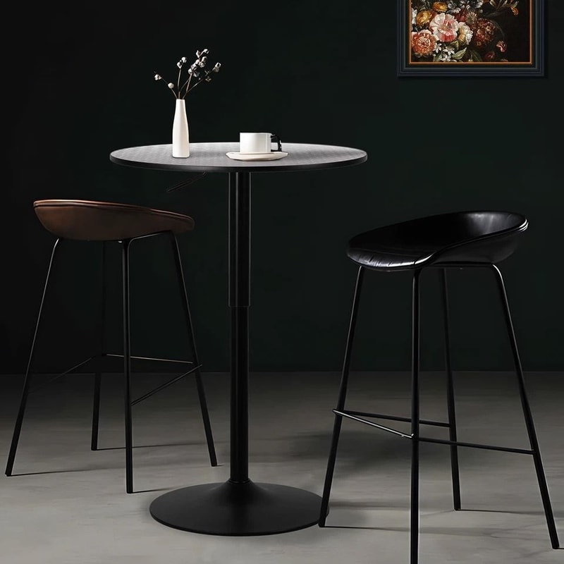 Adjustable Height Silver Pub Bar Cocktail Table, Swivel Wood Round Tabletop, Sleek Metal Base for Home and Venue