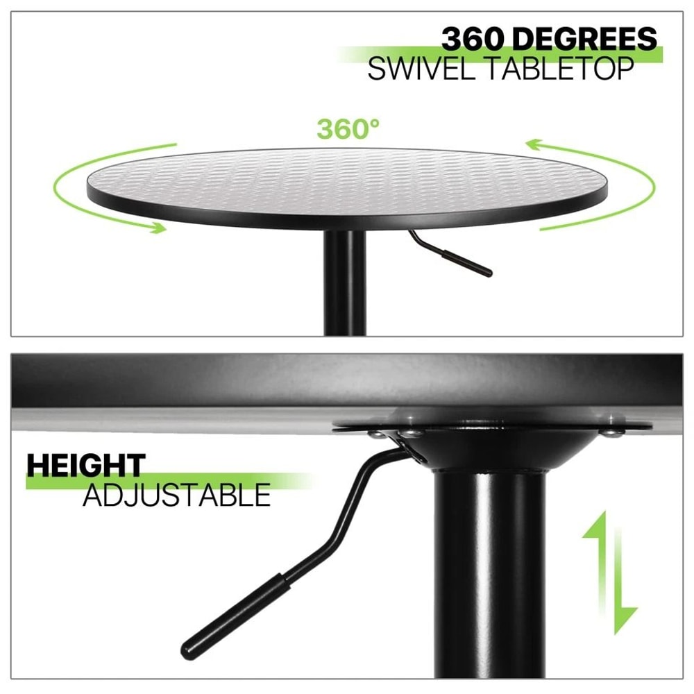 Adjustable Height Silver Pub Bar Cocktail Table, Swivel Wood Round Tabletop, Sleek Metal Base for Home and Venue
