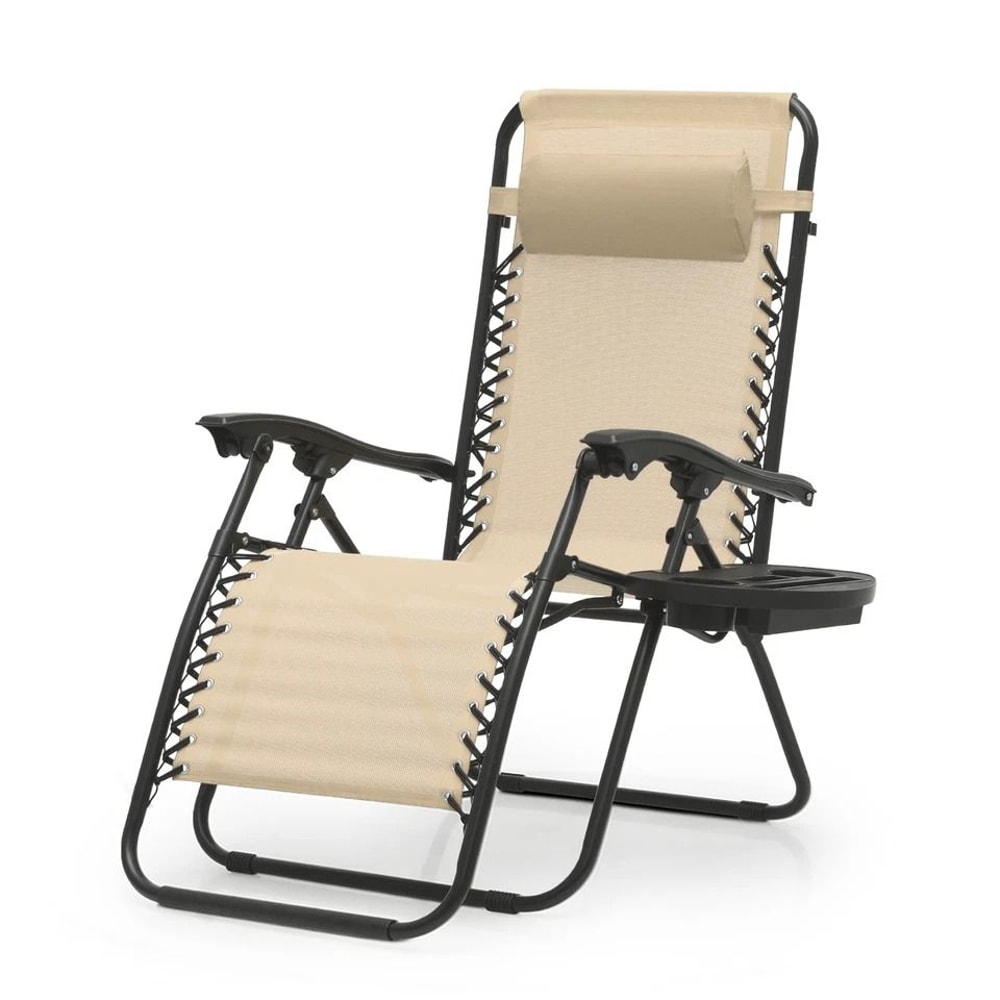 Portable Folding Cream Zero Gravity Chair Adjustable Beach Lounge Recliner With Convenient Holding 0