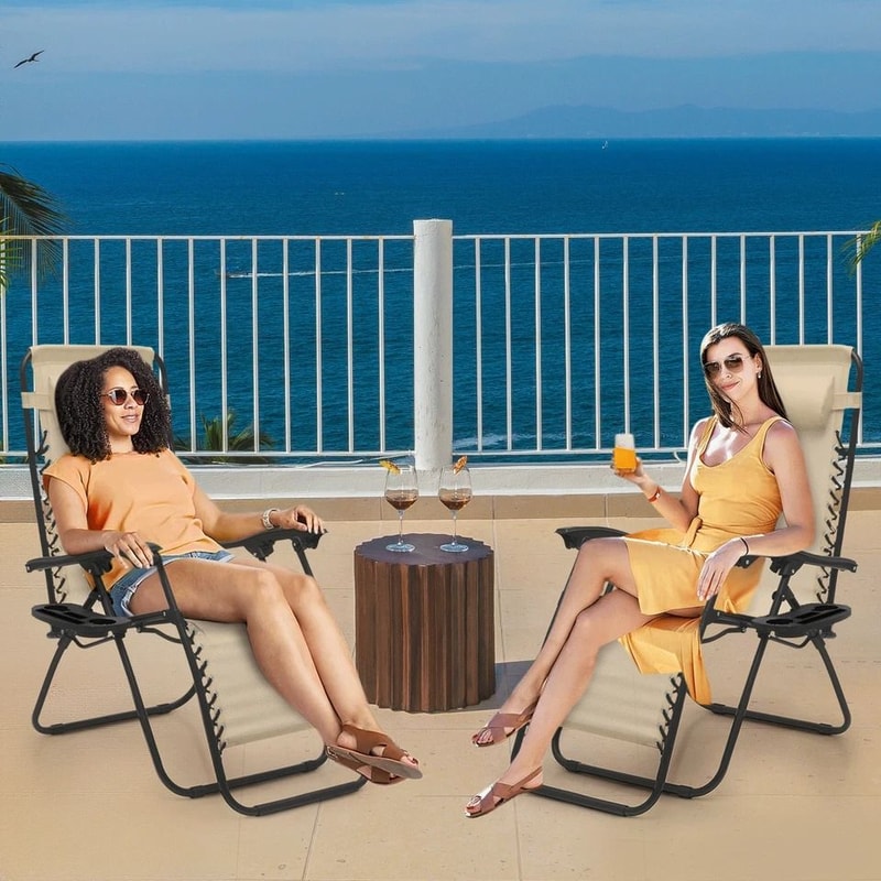 Portable Folding Cream Zero Gravity Chair Adjustable Beach Lounge Recliner With Convenient Holding 3