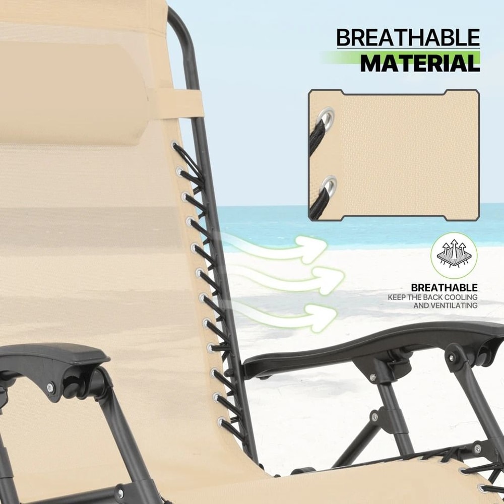 Portable Folding Cream Zero Gravity Chair Adjustable Beach Lounge Recliner With Convenient Holding 5