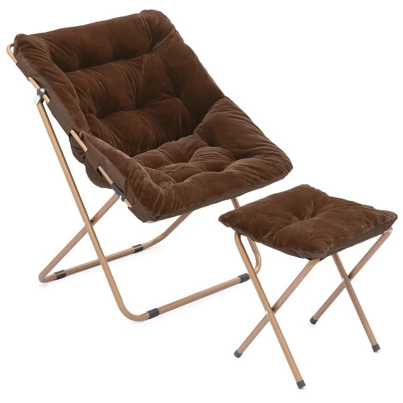 Cozy Foldable Brown Saucer Chair Footrest Faux Fur Oversized Lounge Accent Chair 1