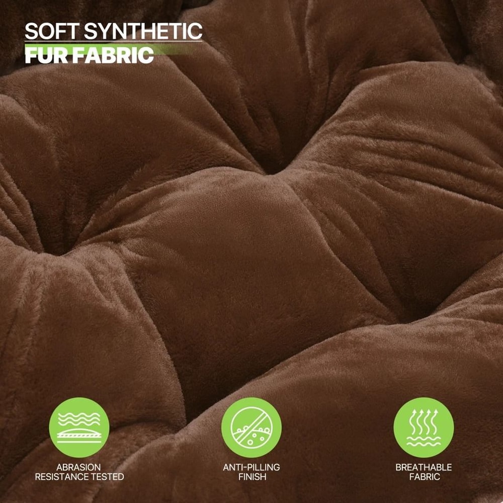 Cozy Foldable Brown Saucer Chair Footrest Faux Fur Oversized Lounge Accent Chair 5