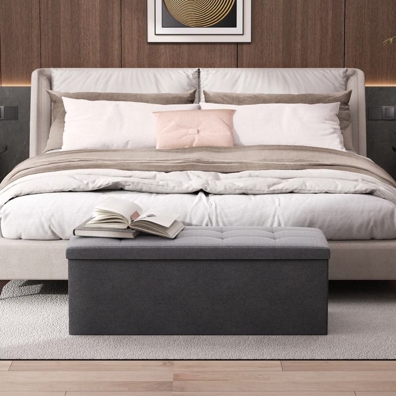 Gray Upholstered Footstool Rectangular Fabric Storage Ottoman Multifunctional Storage Bench For Bed 2
