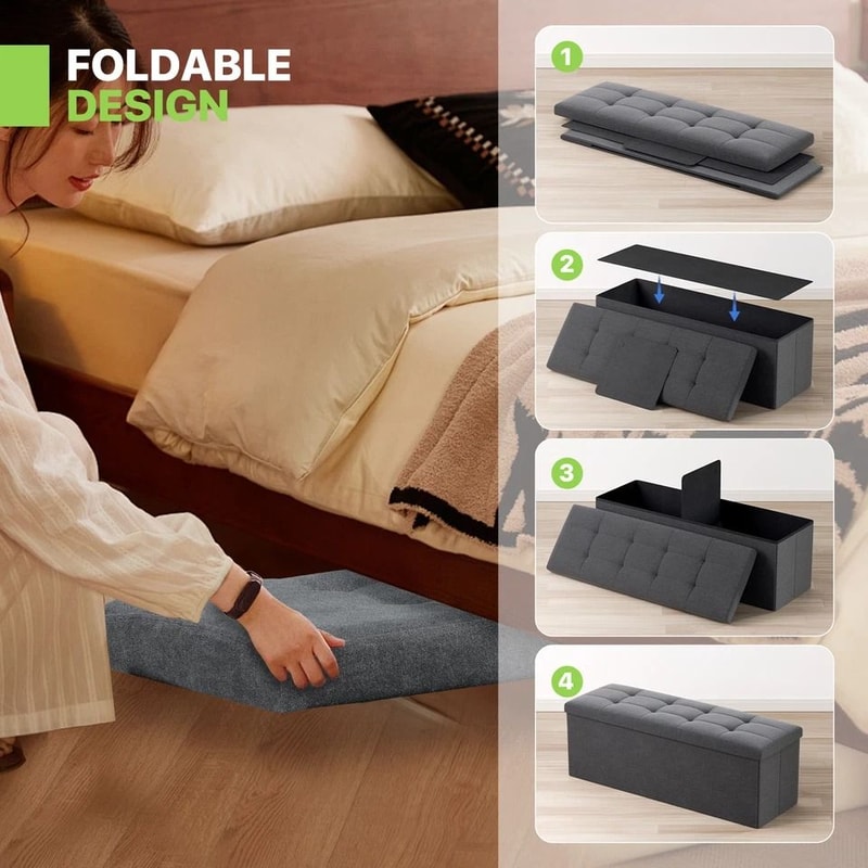 Gray Upholstered Footstool Rectangular Fabric Storage Ottoman Multifunctional Storage Bench For Bed 8
