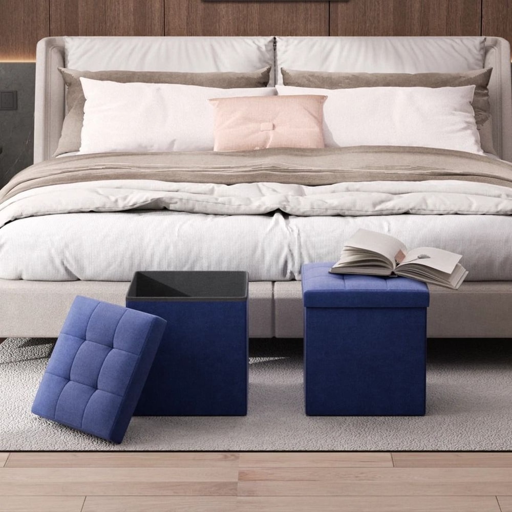 Navy Blue Storage Ottoman Classic Cube Footstool For Home Decor Perfect For Living Room And Bedroom 2