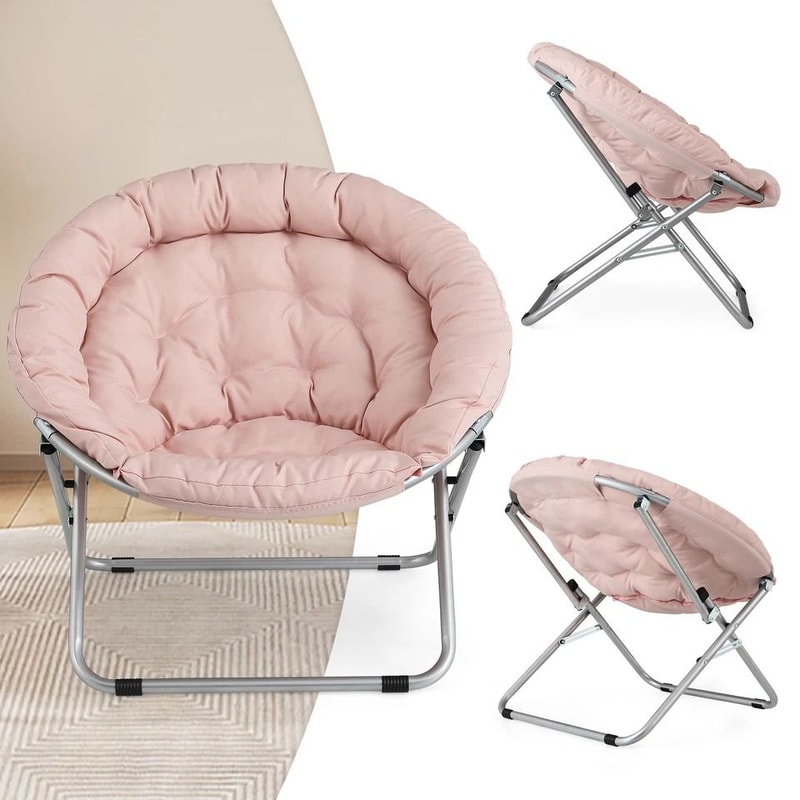 Foldable Saucer Chair Comfy Accent Lounge Chair Pink Soft Round Moon Padded Seat 9