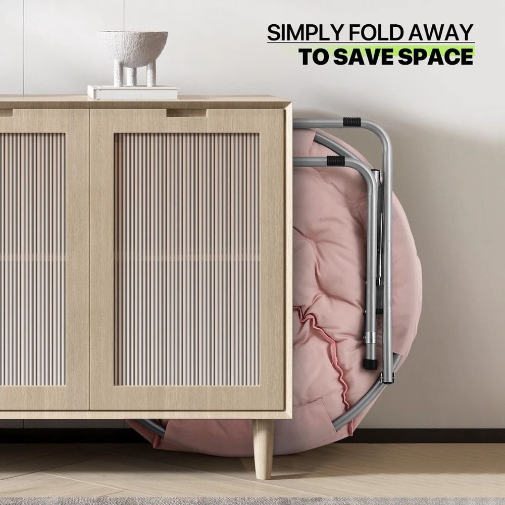 Foldable Saucer Chair Comfy Accent Lounge Chair Pink Soft Round Moon Padded Seat 4