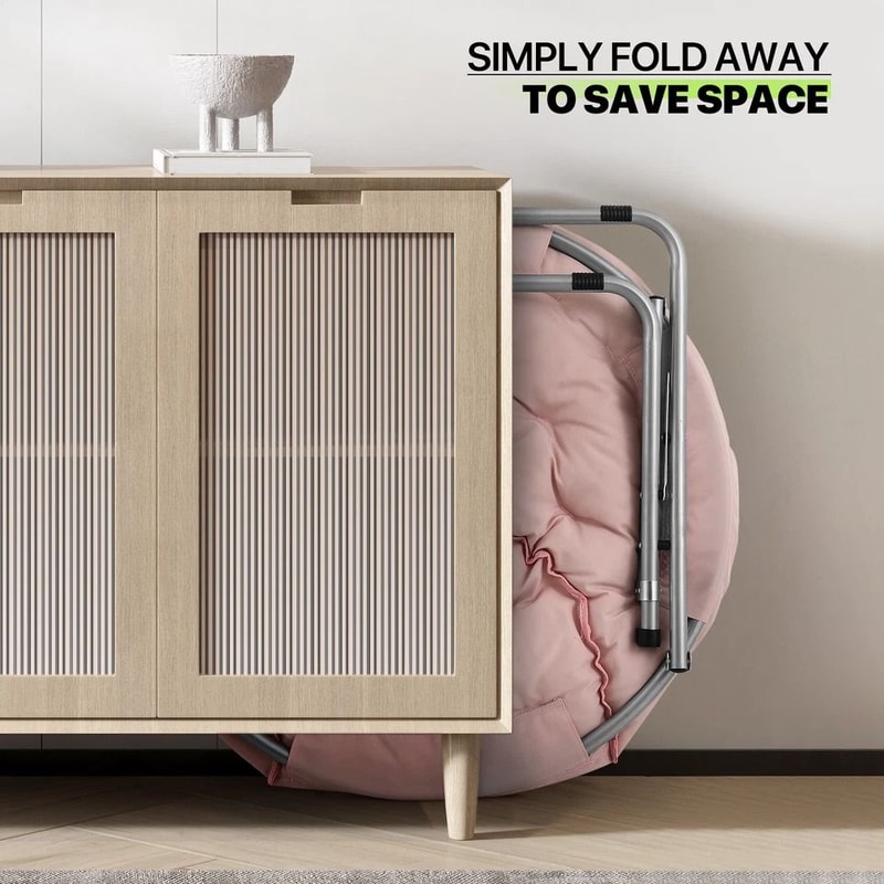 Foldable Saucer Chair Comfy Accent Lounge Chair Pink Soft Round Moon Padded Seat 4