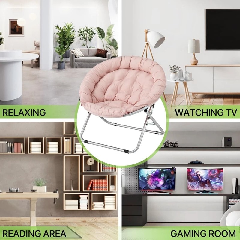 Foldable Saucer Chair Comfy Accent Lounge Chair Pink Soft Round Moon Padded Seat 8