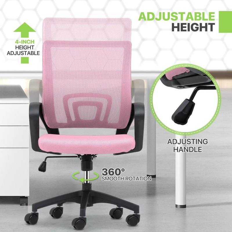 Adjustable Height Office Chair Ergonomic Computer Chair Padded Seat Swivel Pink Desk Chair For Offi 6