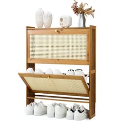 brown bamboo shoe storage, plastic rattan door shoe organizer, tiered boot shelf, compact entryway cabinet