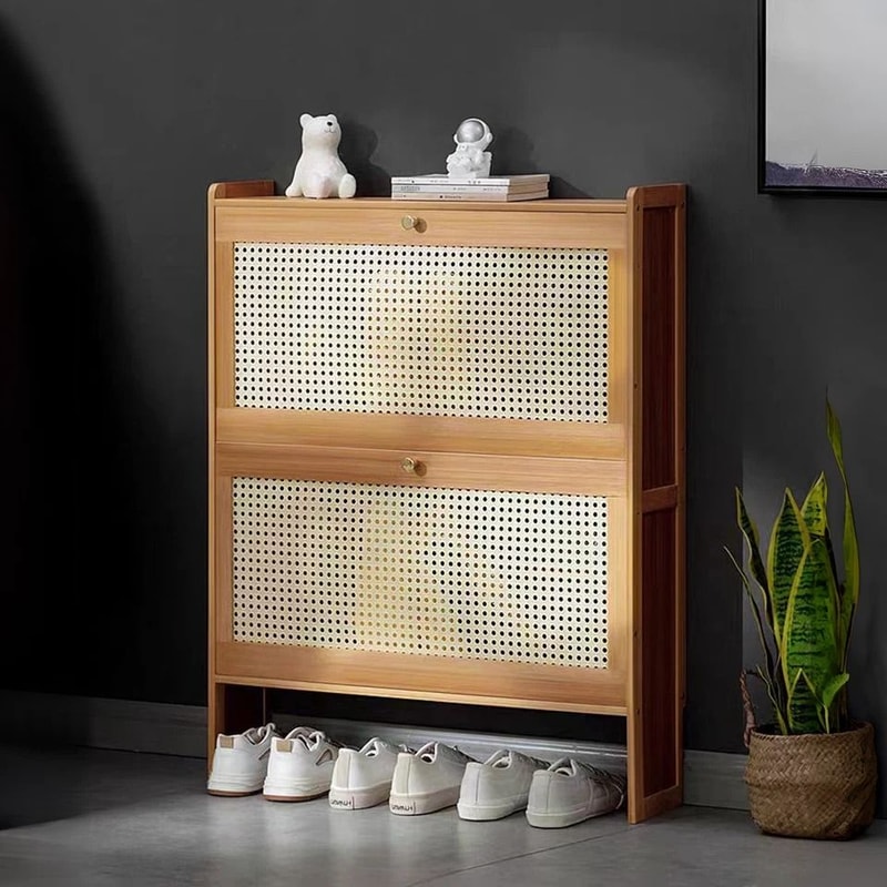 Brown Bamboo Shoe Storage Plastic Rattan Door Shoe Organizer Tiered Boot Shelf Compact Entryway Cab 3