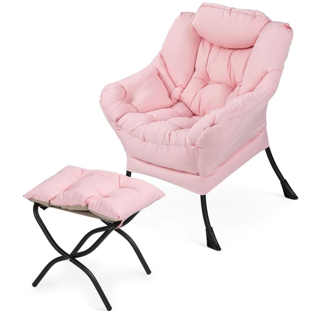 Modern Pink Accent Chair With Ottoman Lazy Sofa Armchair Foldable Comfortable Living Room Seat 0