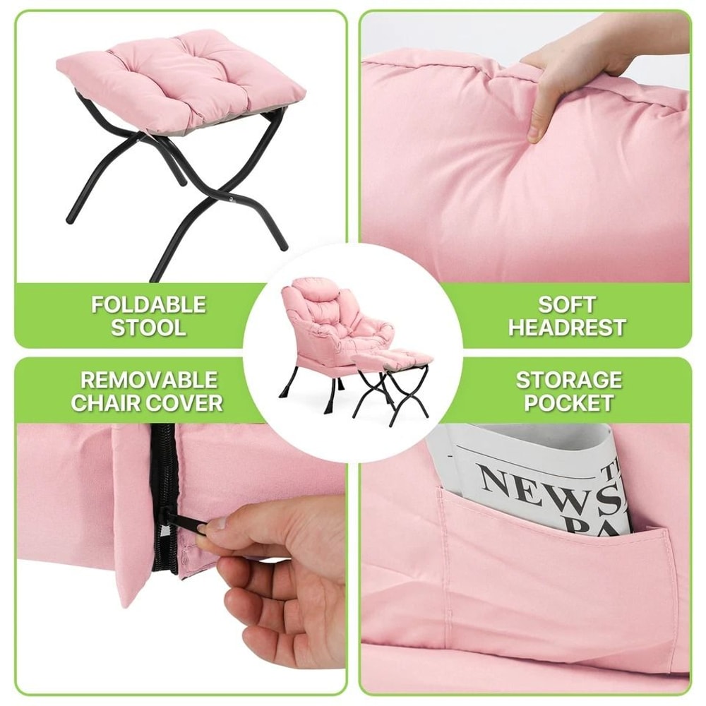 Modern Pink Accent Chair With Ottoman Lazy Sofa Armchair Foldable Comfortable Living Room Seat 9