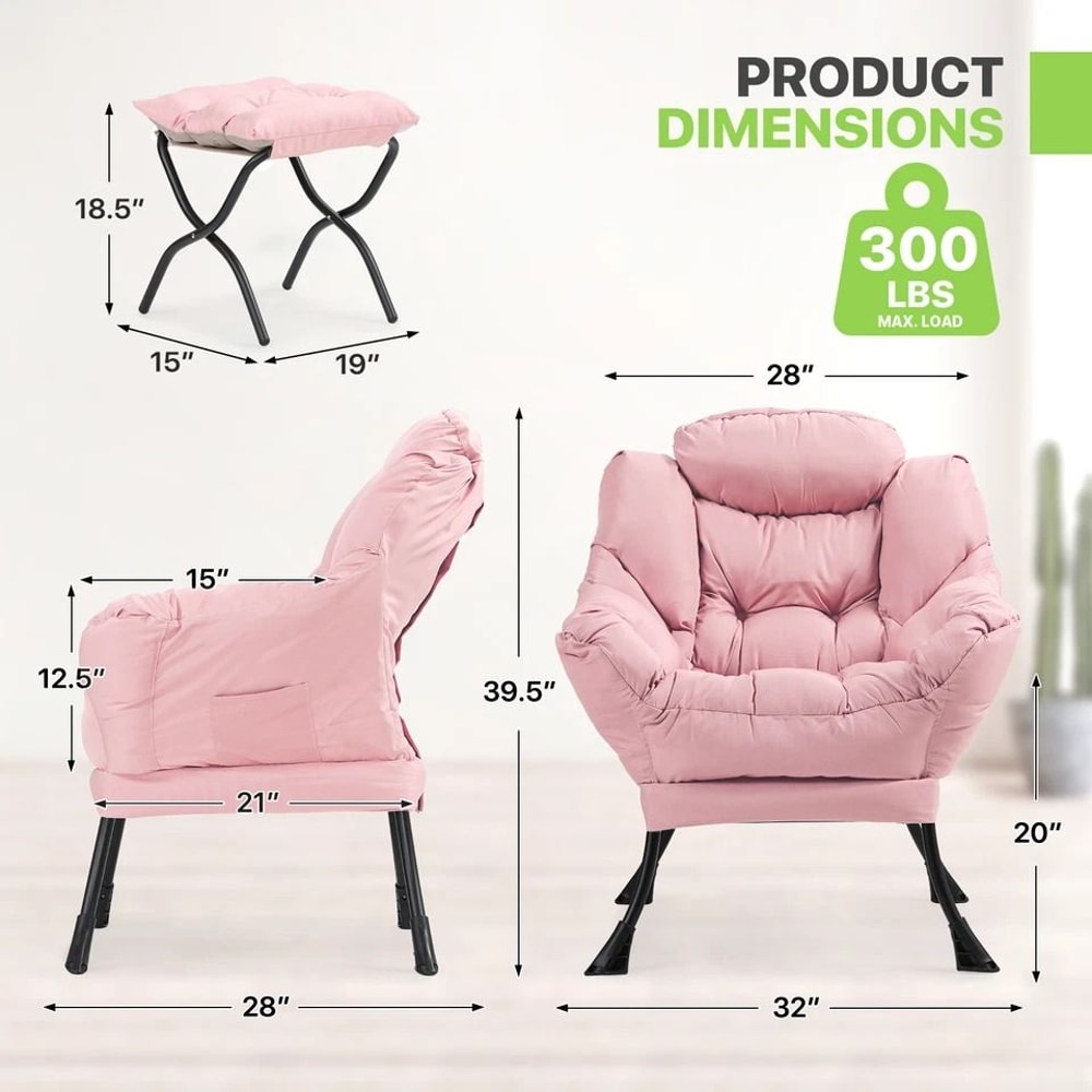 Modern Pink Accent Chair With Ottoman Lazy Sofa Armchair Foldable Comfortable Living Room Seat 1