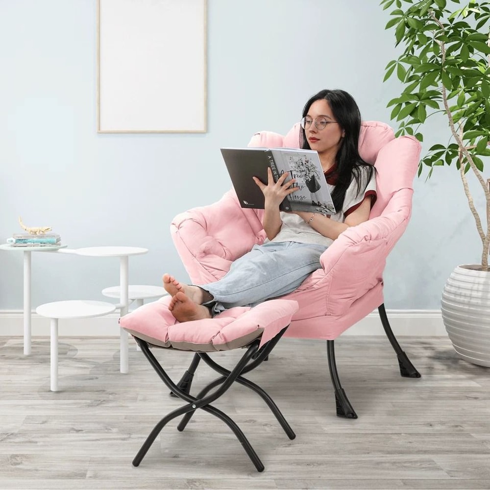 Modern Pink Accent Chair With Ottoman Lazy Sofa Armchair Foldable Comfortable Living Room Seat 3