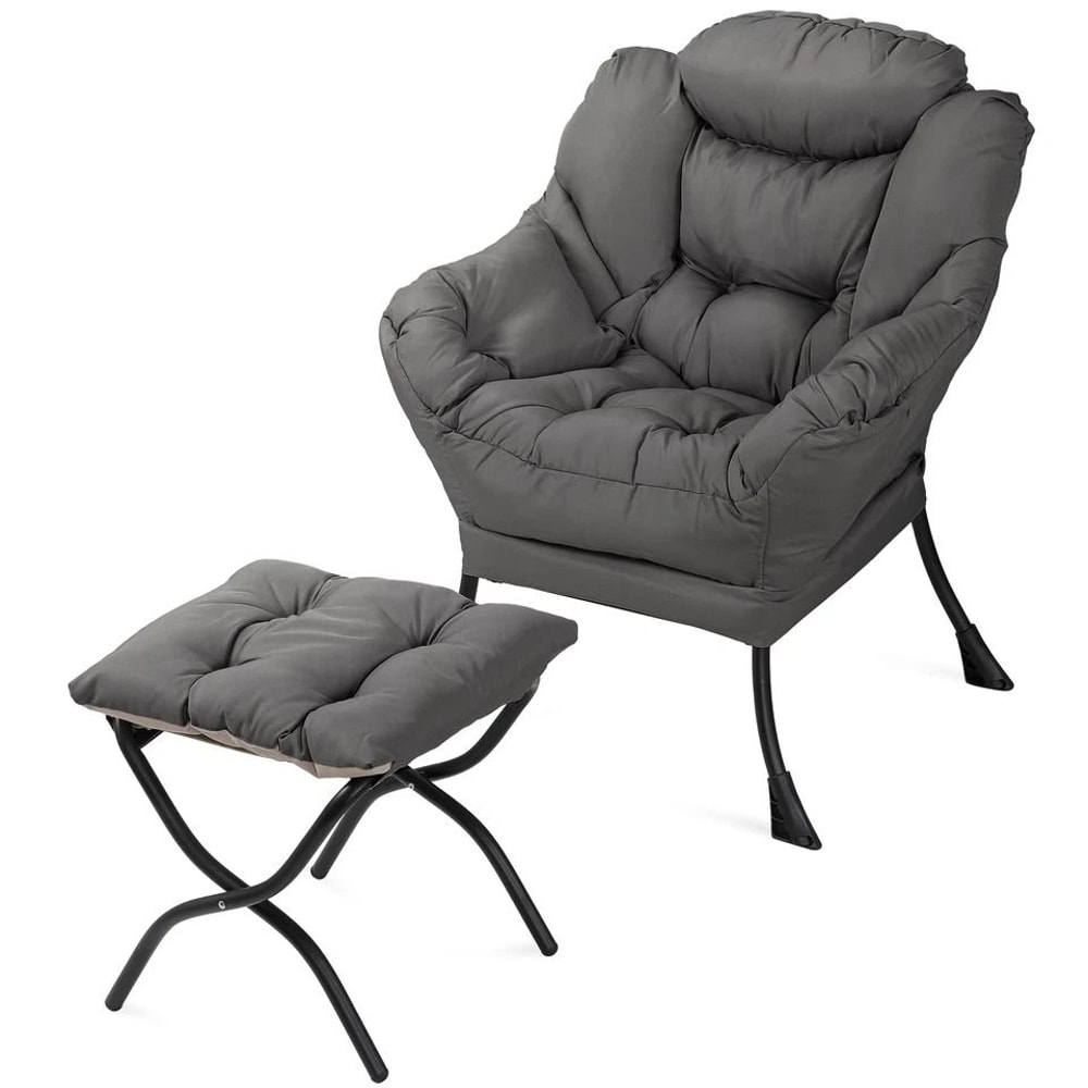 Upholstered Modern Gray Soft Accent Chair Living Room Lazy Sofa Chair With Ottoman 0