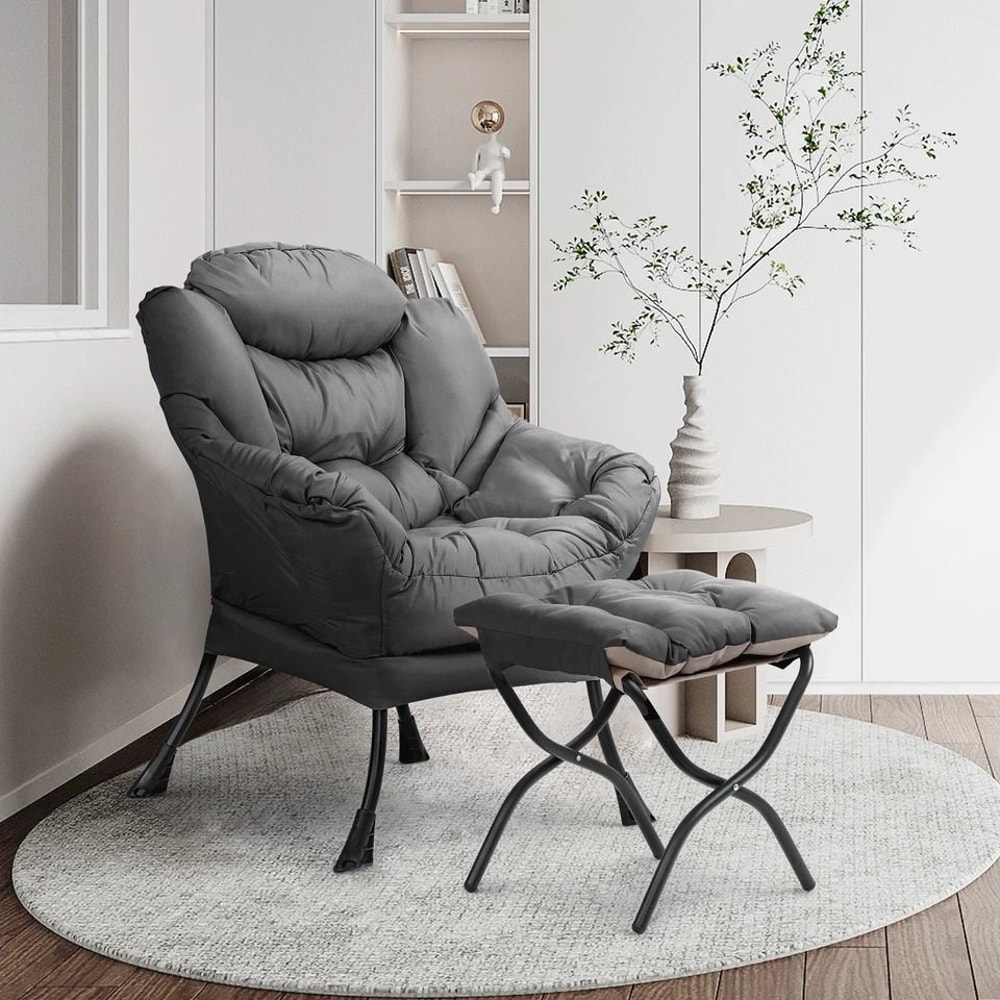 Upholstered Modern Gray Soft Accent Chair Living Room Lazy Sofa Chair With Ottoman 1