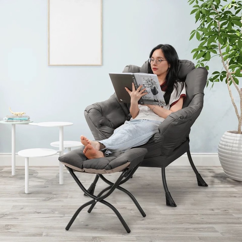 Upholstered Modern Gray Soft Accent Chair Living Room Lazy Sofa Chair With Ottoman 2