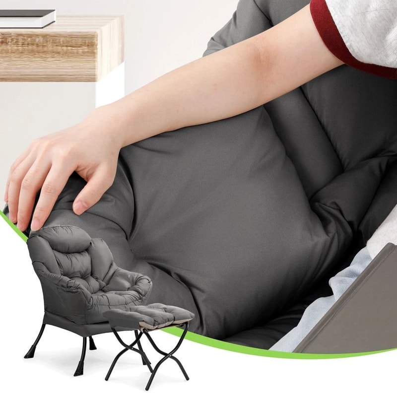 Upholstered Modern Gray Soft Accent Chair Living Room Lazy Sofa Chair With Ottoman 4