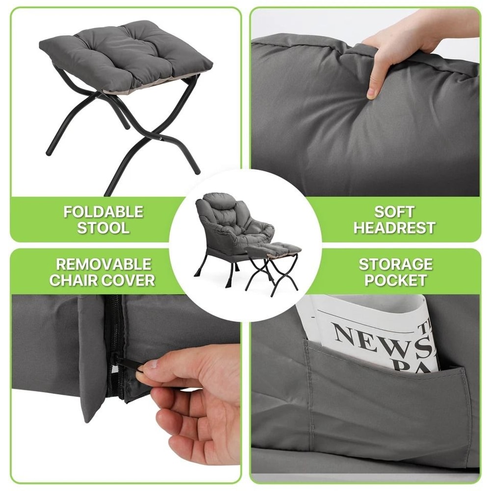 Upholstered Modern Gray Soft Accent Chair Living Room Lazy Sofa Chair With Ottoman 7