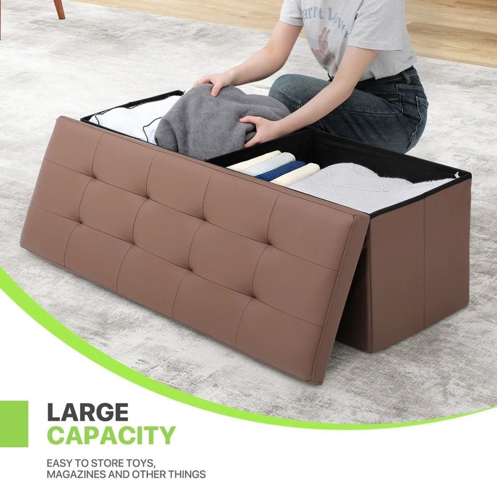 Foldable Storage Ottoman Brown Foot Rest Stool Bench Chest With Flipping Lid For Extra Seating And 3