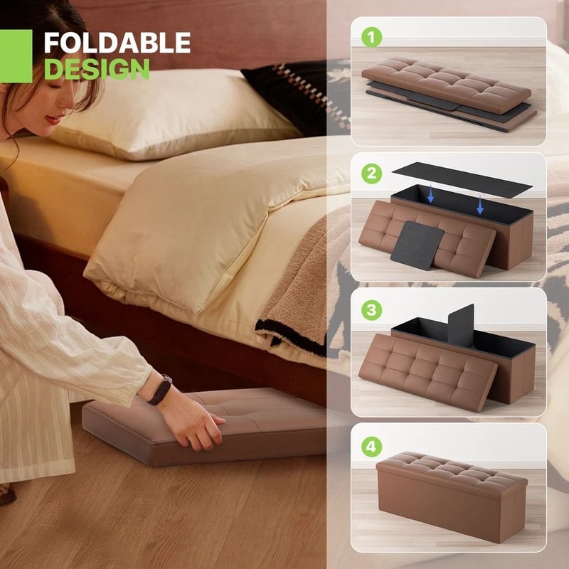 Foldable Storage Ottoman Brown Foot Rest Stool Bench Chest With Flipping Lid For Extra Seating And 7