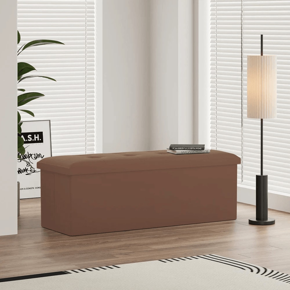 Foldable Storage Ottoman Brown Foot Rest Stool Bench Chest With Flipping Lid For Extra Seating And 8