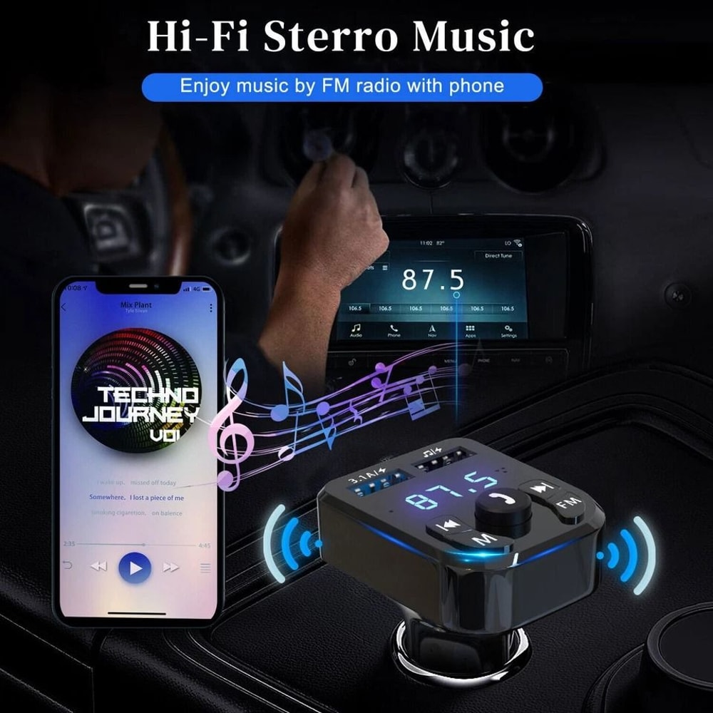 FM Transmitter Adapter With Bluetooth Car Wireless USB PD Charger AUX HandsFree 5