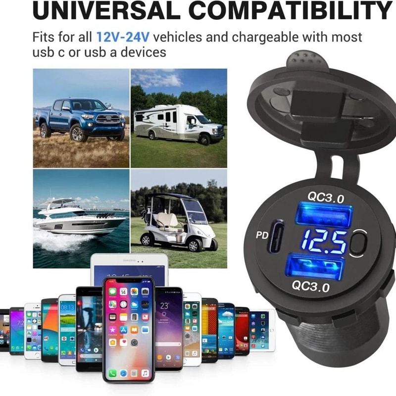 Car Fast Charger PD QC Dual USB Power Socket Outlet With LED Voltmeter Waterproof Charging Power 1