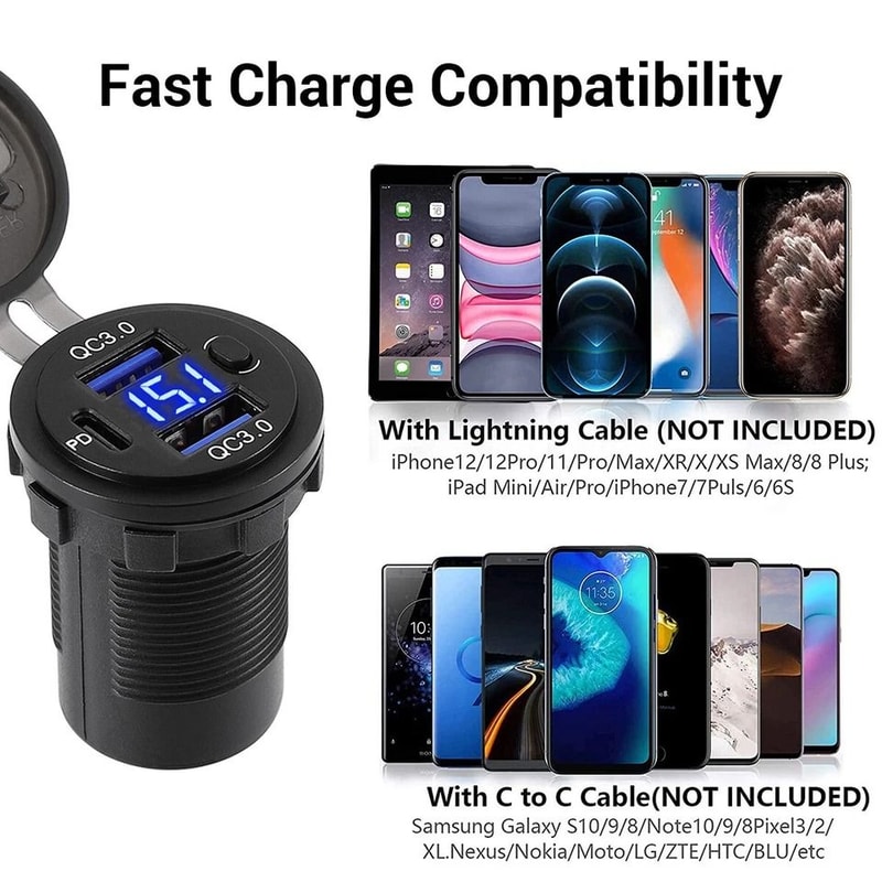 Car Fast Charger PD QC Dual USB Power Socket Outlet With LED Voltmeter Waterproof Charging Power 9