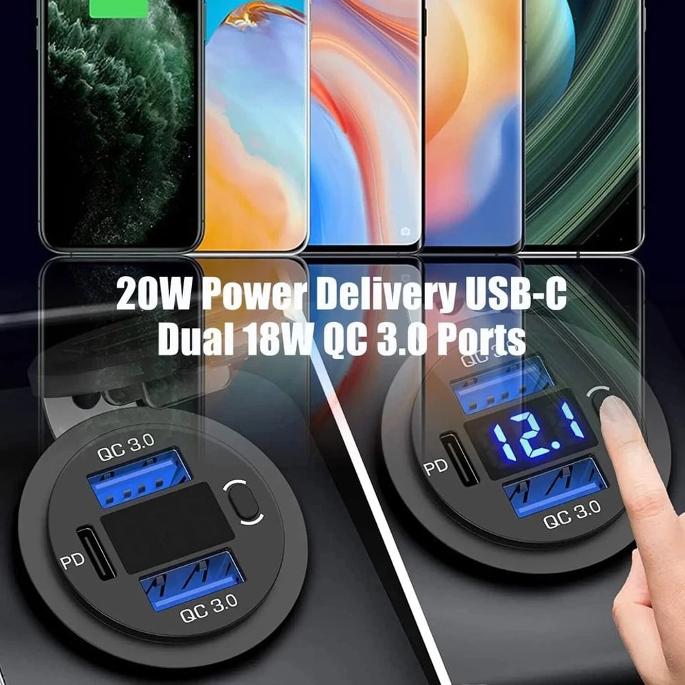 Car Fast Charger PD QC Dual USB Power Socket Outlet With LED Voltmeter Waterproof Charging Power 4